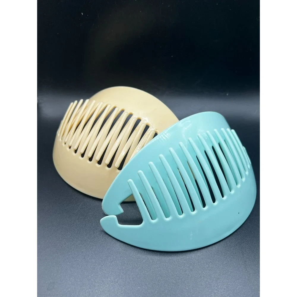 VTG 1980's TZERs Newport Beach Hair Combs~ Cream & Teal Blue ~‎ Set of 2